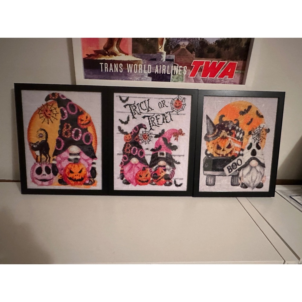Set 3 Halloween Gnome Cross Stitch Completed Framed Art Trick or Treat 15 x 12
